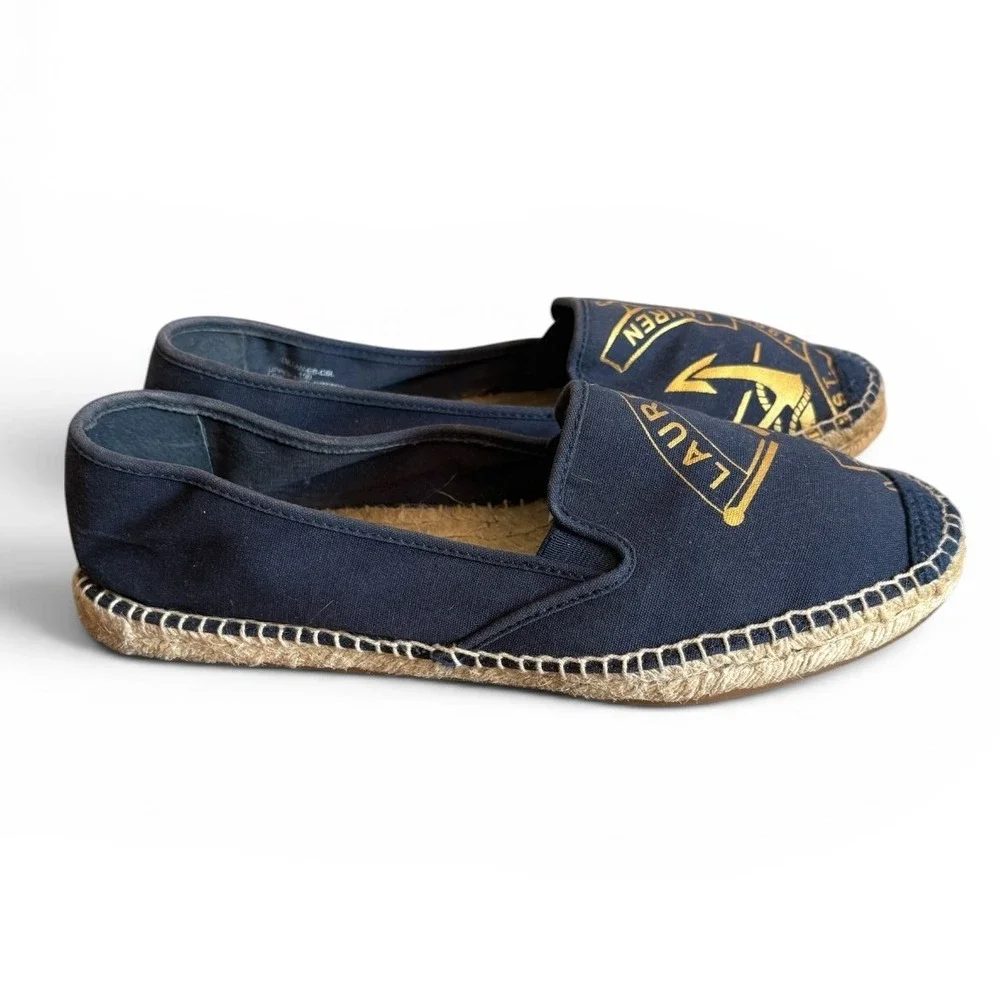 Lauren Ralph Lauren Dillan Navy Blue Gold Anchor Canvas Espadrilles Flats 10B